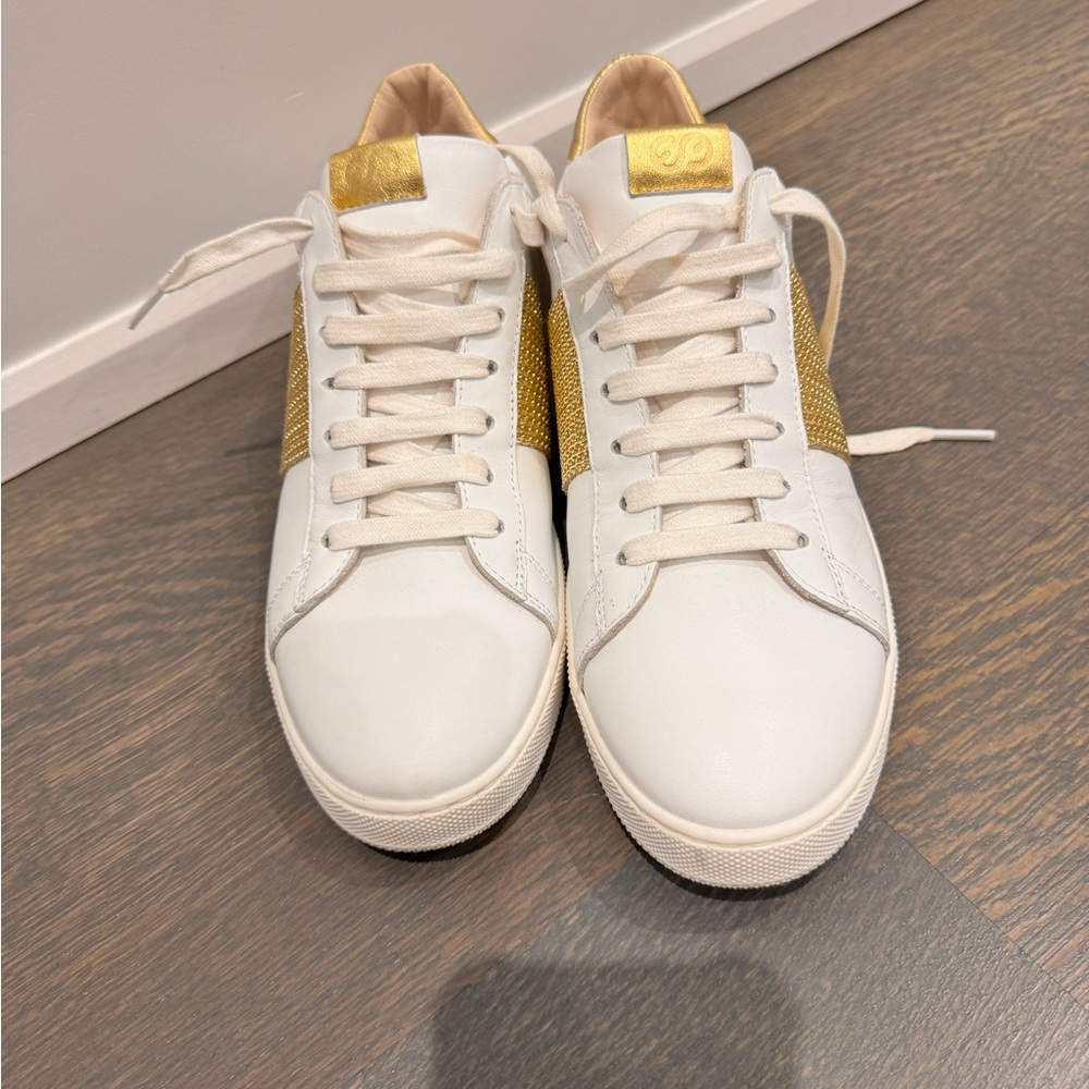 Escada White and Gold Leather Sneakers
